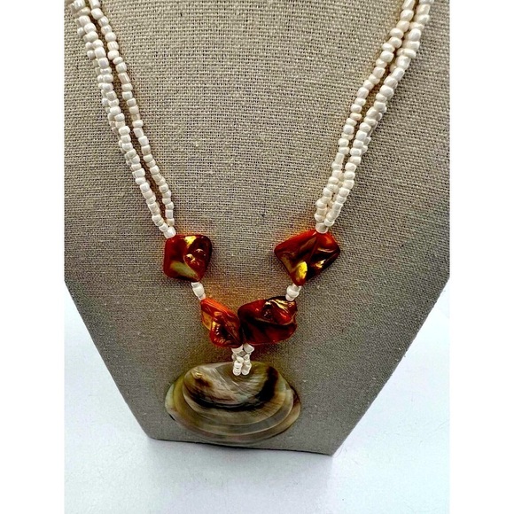 Handcrafted Shell Pendant Necklace With White Beads   A42 - Picture 2 of 7